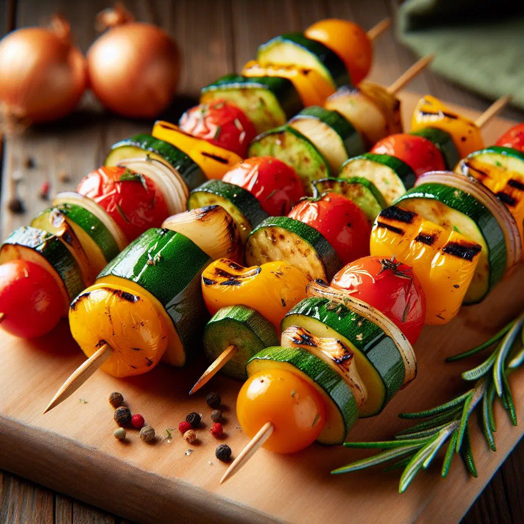 Colourful grilled vegetable skewers on a wooden board
