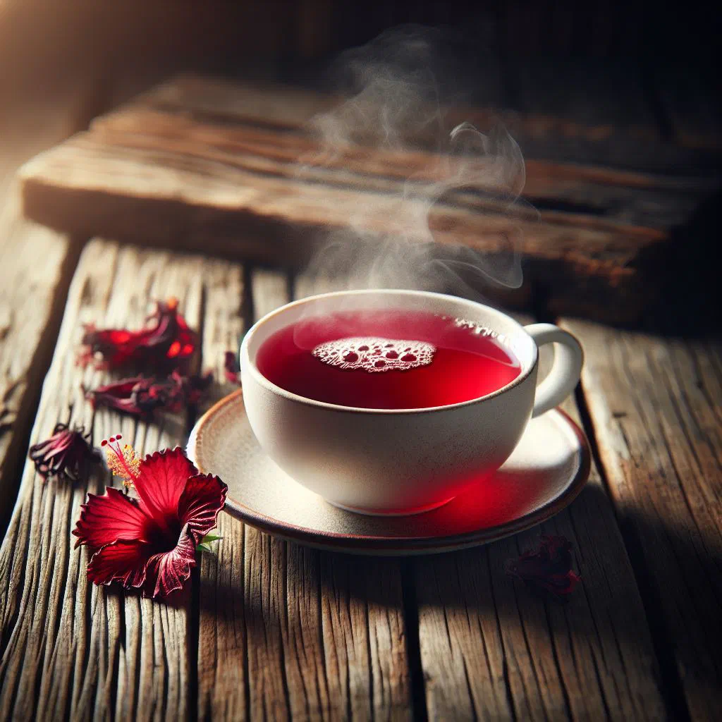 A glass of ruby-red hibiscus tea garnished with mint and lemon