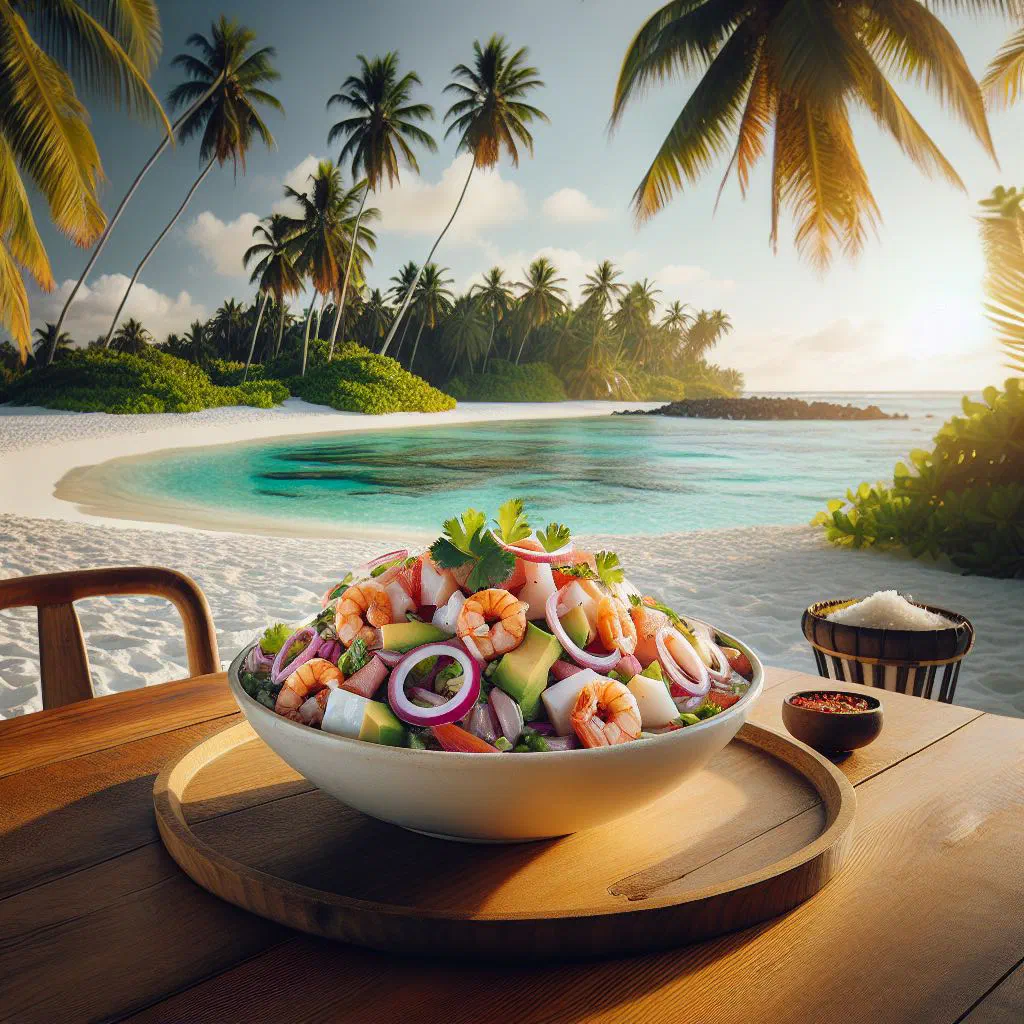Bowl of island style ceviche with fresh fish, red onion, coriander and lime