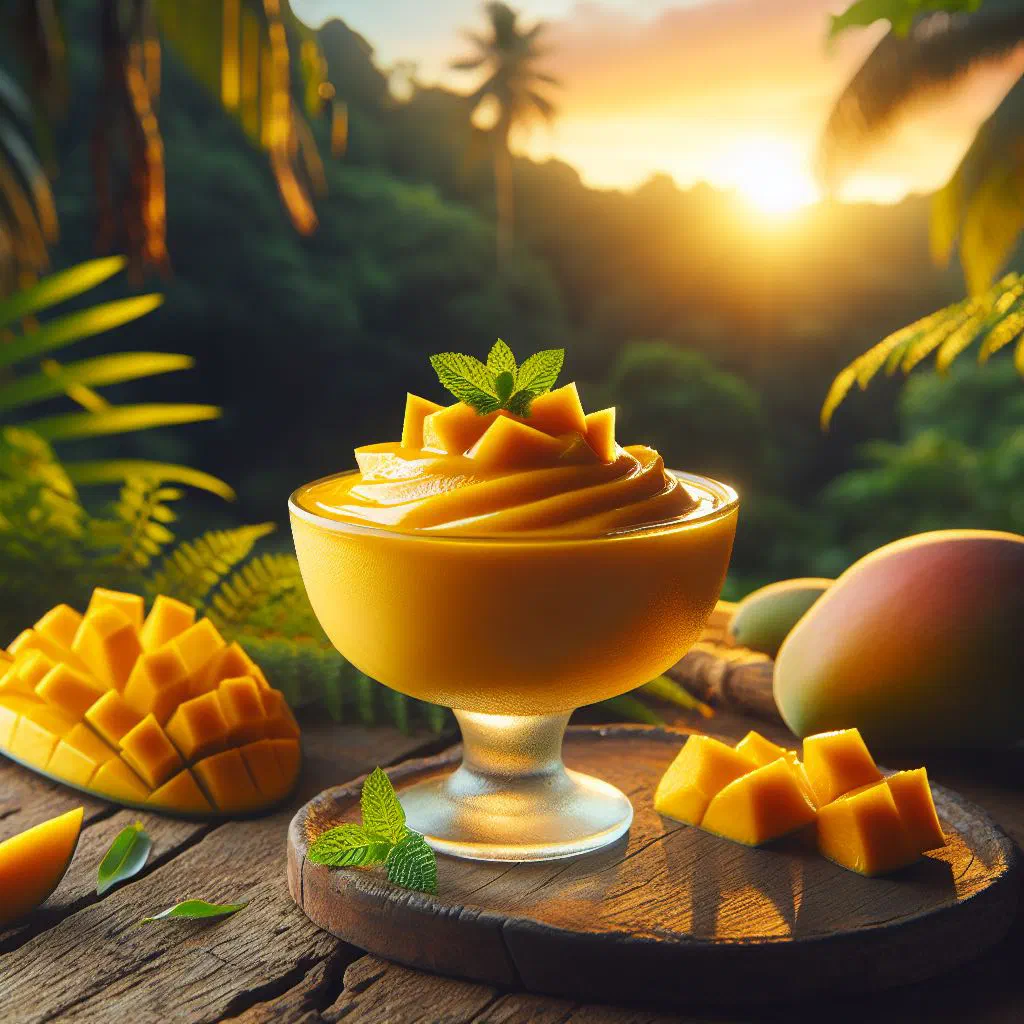 Mango mousse in a glass topped with fresh mango slices and mint