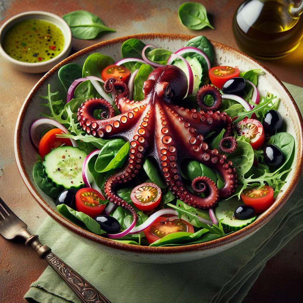 Fresh octopus salad with tomatoes, peppers and coriander in a shallow bowl