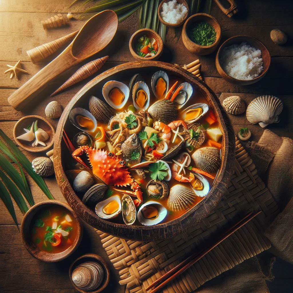 A steaming bowl of Palauan seafood soup garnished with fresh herbs and lime