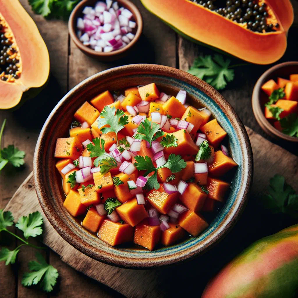 Fresh papaya salsa with red onion, coriander and lime in a bowl