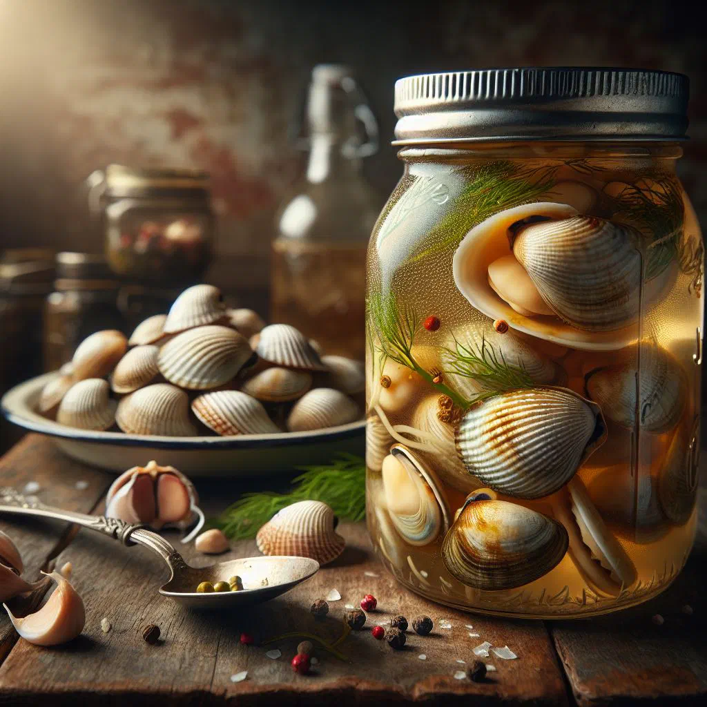 Marinated pickled clams garnished with fresh herbs and lemon