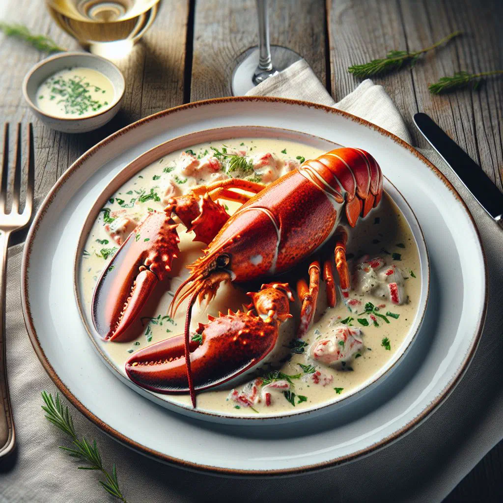 Poached lobster tails in creamy coconut sauce, garnished with fresh herbs and lime