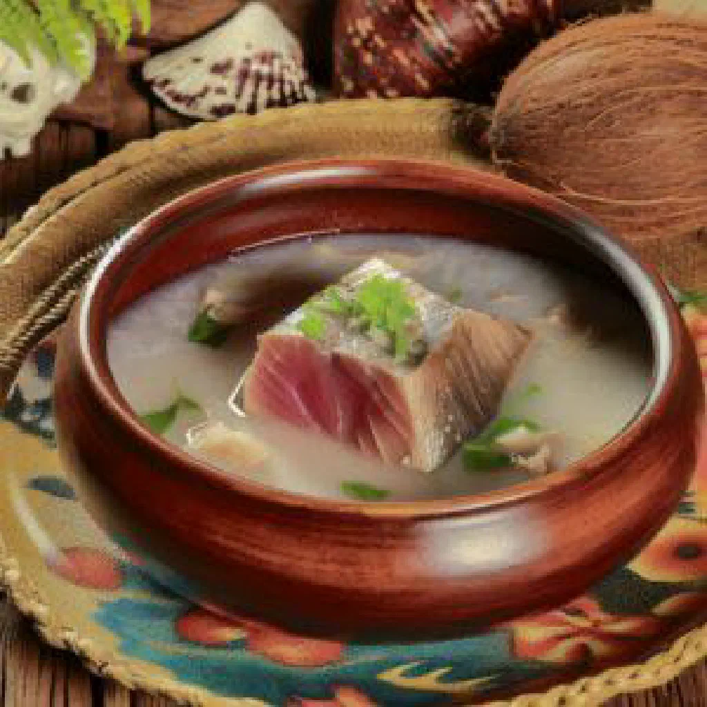 Poached tuna in a creamy coconut broth garnished with fresh herbs and lime