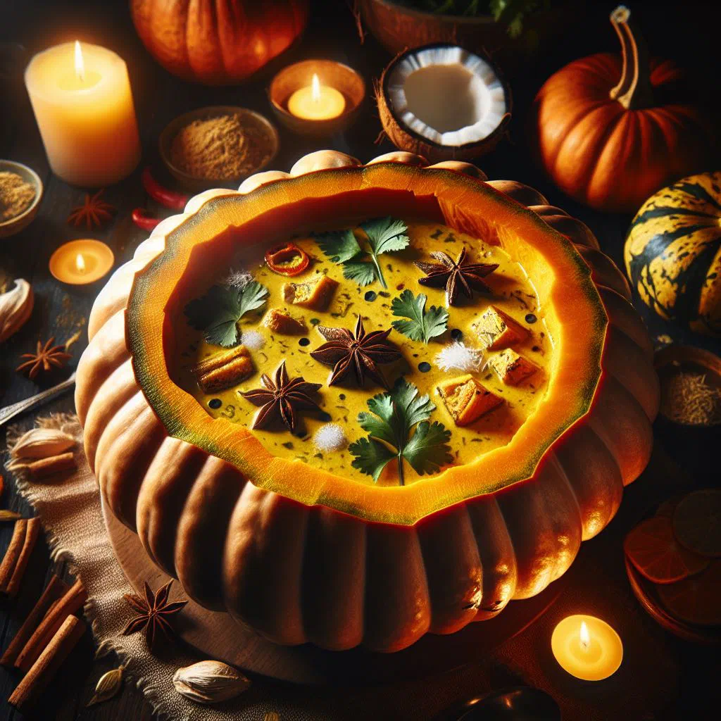 Bowl of creamy pumpkin coconut curry garnished with fresh coriander