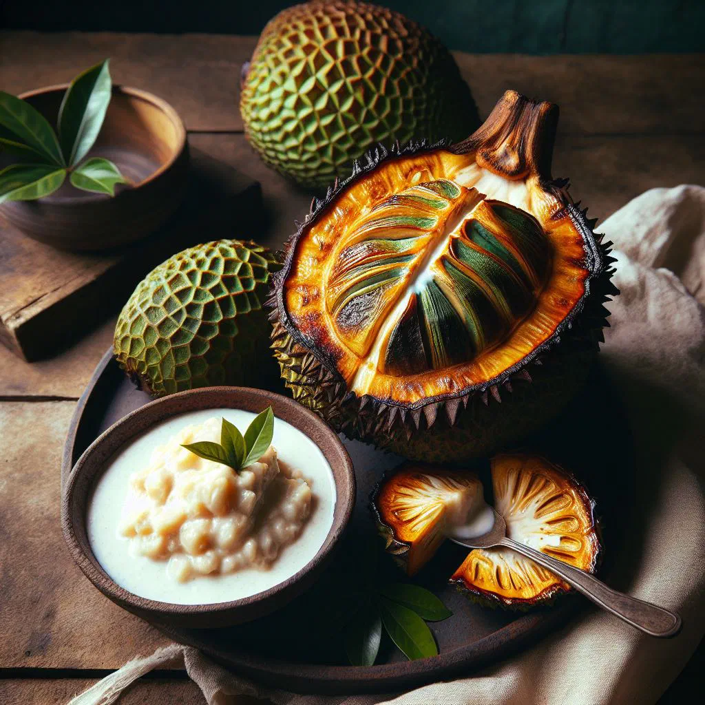 Golden roasted breadfruit pieces drizzled with creamy coconut sauce and fresh mint