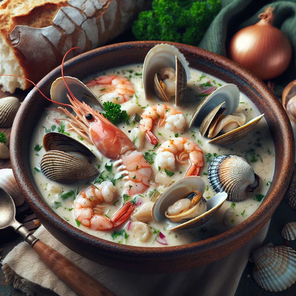 Creamy seafood chowder with fish and clams, garnished with fresh herbs