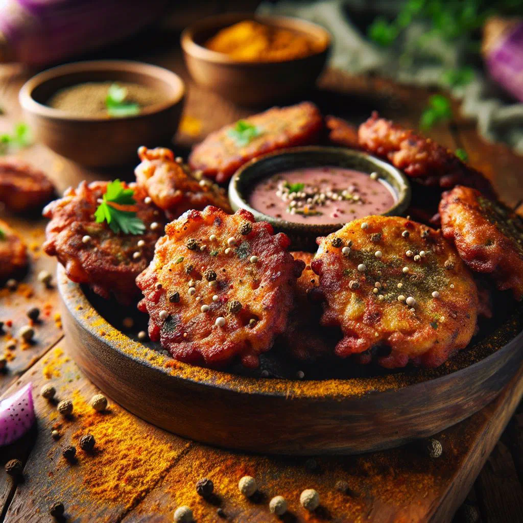 Golden-fried spiced taro fritters served warm with a fresh garnish