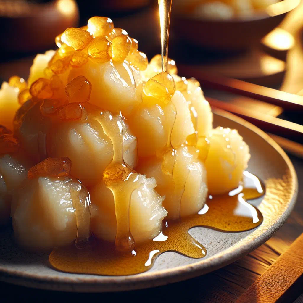 Steamed cassava pieces drizzled with golden honey on a plate