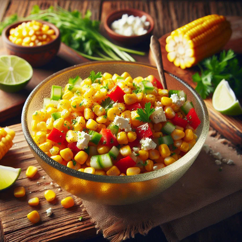 Colourful sweetcorn salad with peppers, cucumber and fresh coriander in a bowl