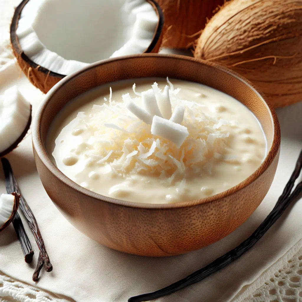 Creamy vanilla coconut pudding in a glass topped with fresh tropical fruit
