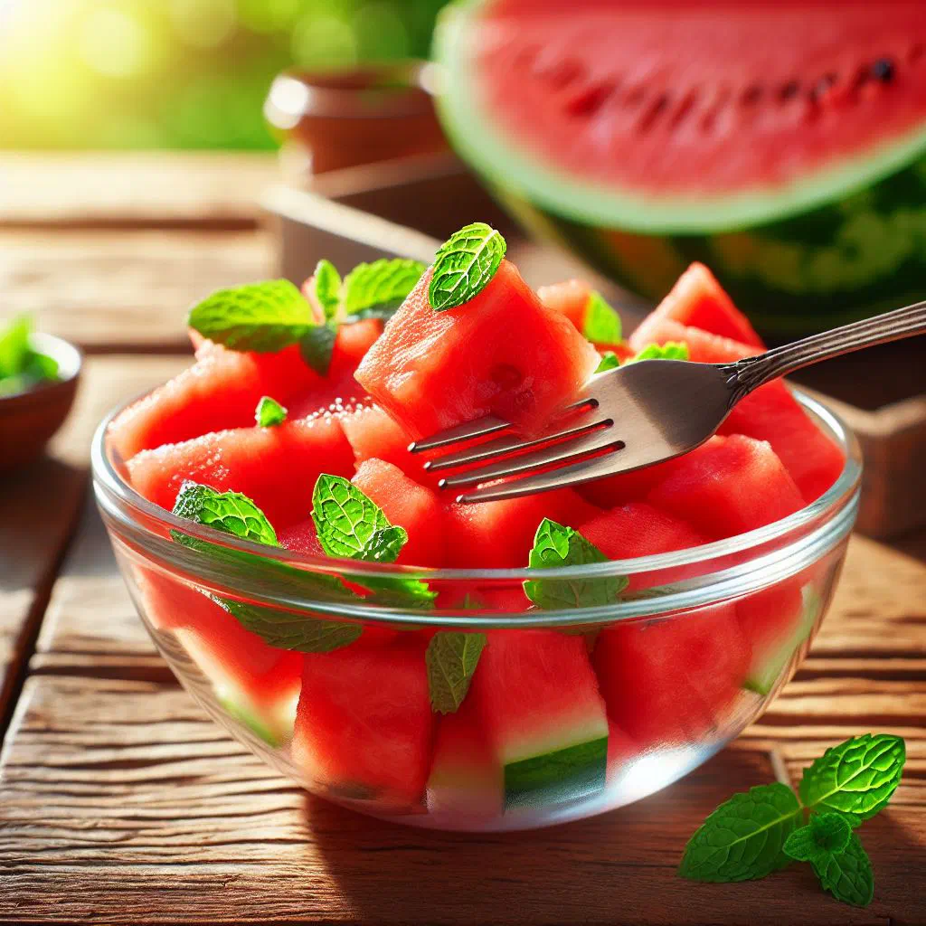 Watermelon salad with red onion, mint and crumbled feta