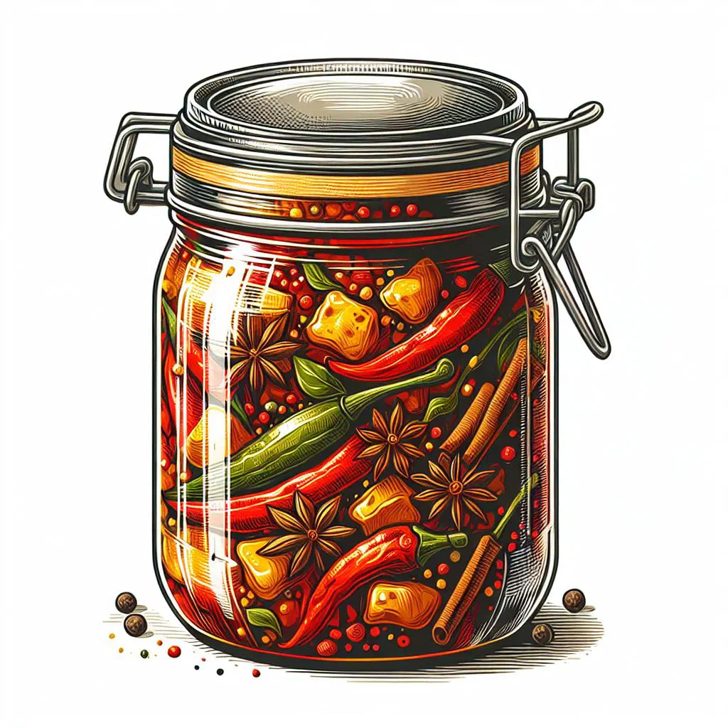 Colourful marinated vegetable and chickpea achar garnished with fresh herbs