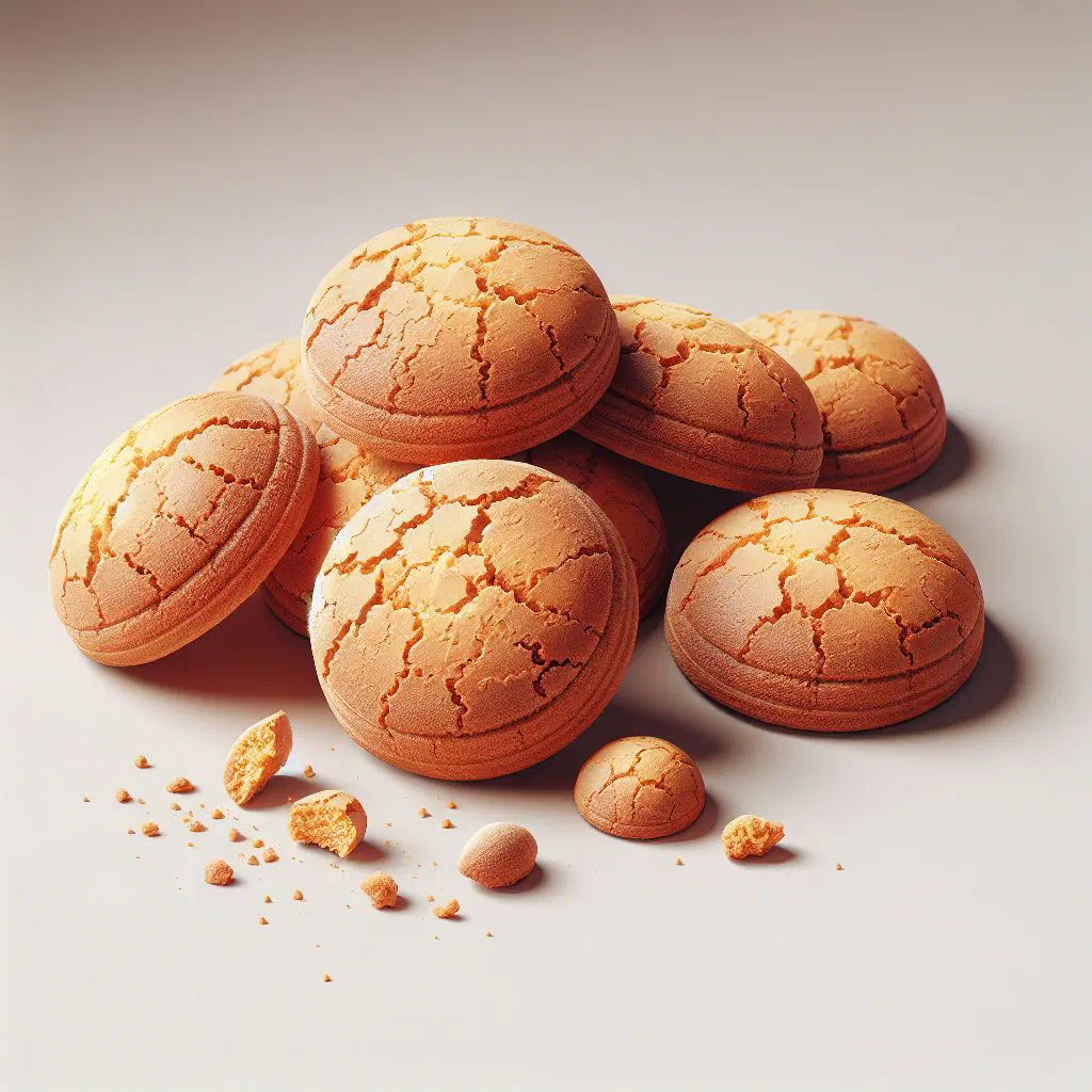 Golden almond amaretti biscuits dusted with icing sugar