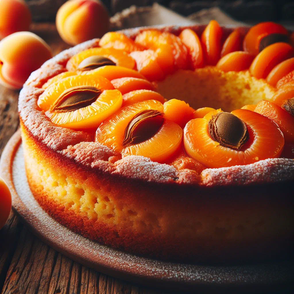Golden apricot cake dusted with icing sugar and topped with fresh apricots
