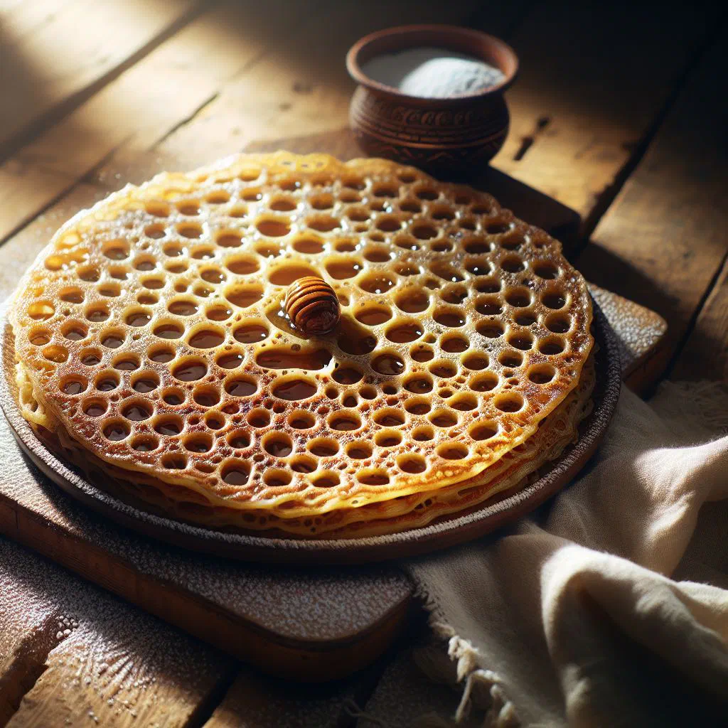 Stack of golden baghrir pancakes drizzled with honey