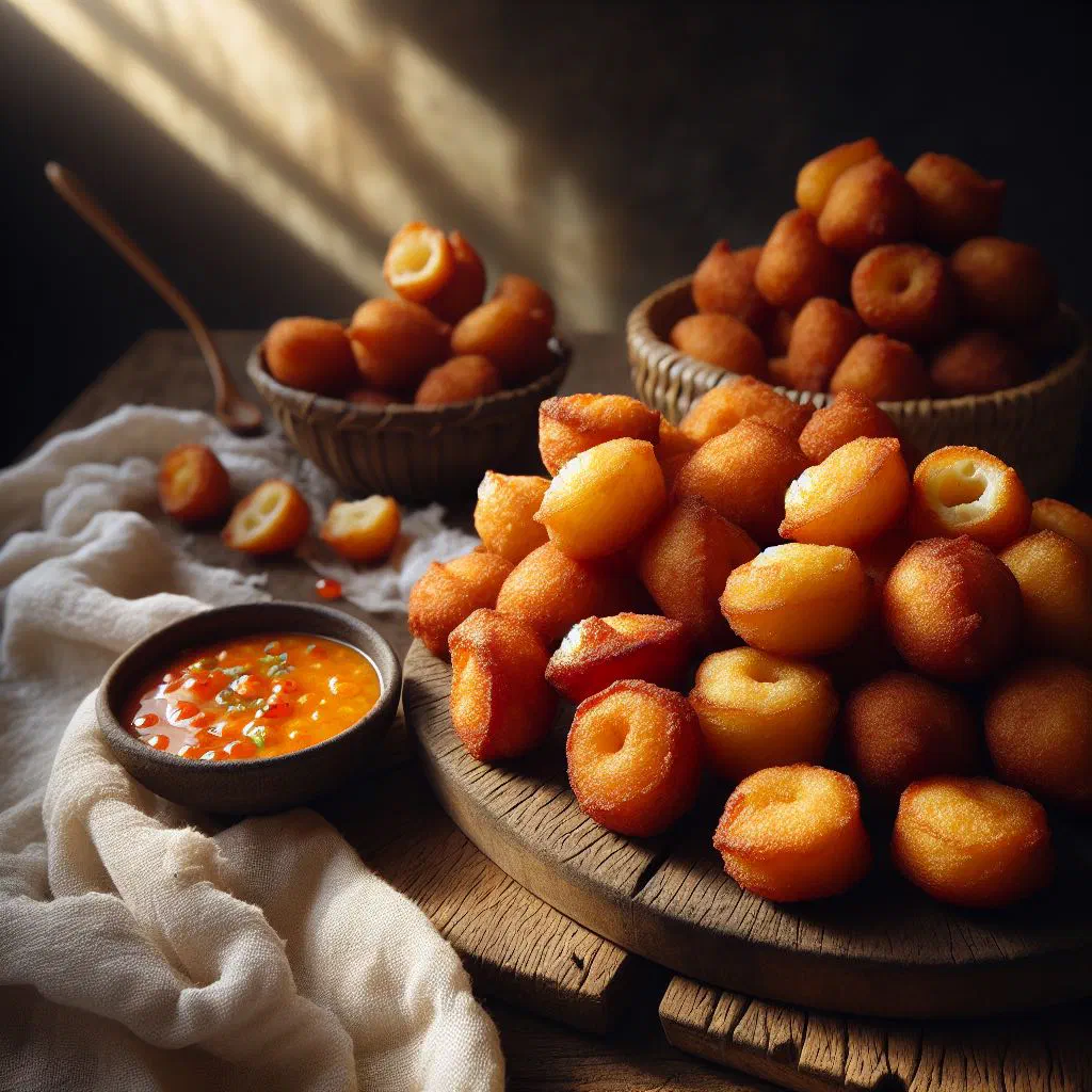 Golden-brown fried cassava fritters piled on a plate