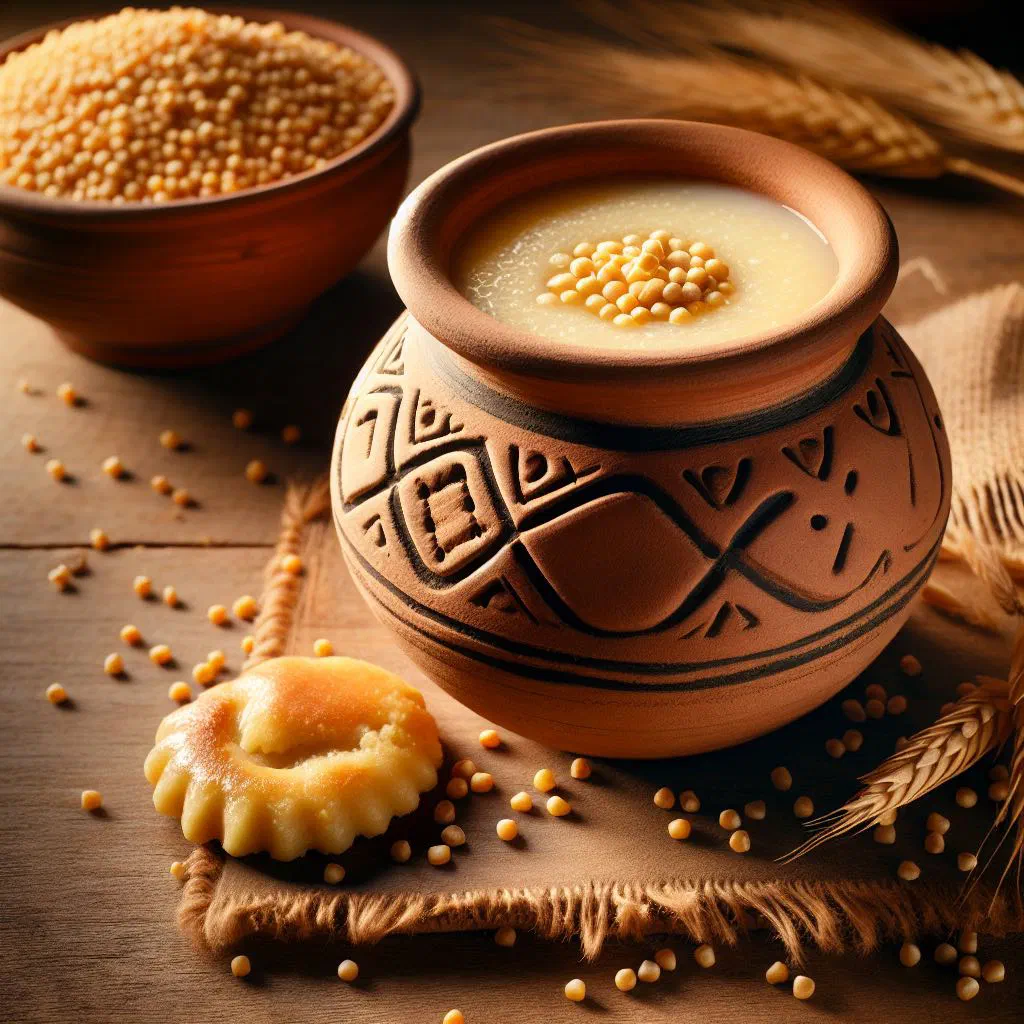 A bowl of creamy millet bouza sweetened with honey and garnished with mint