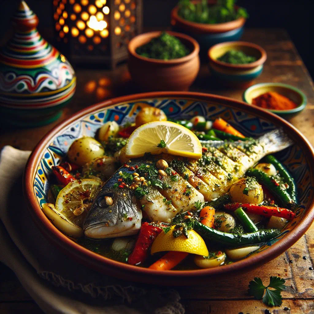 Marinated fish fillets in green chermoula sauce with lemon and fresh herbs