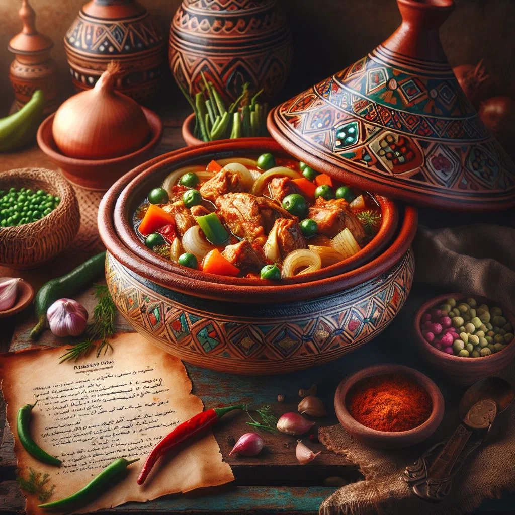 Chicken tagine with vegetables and chickpeas in a traditional clay pot