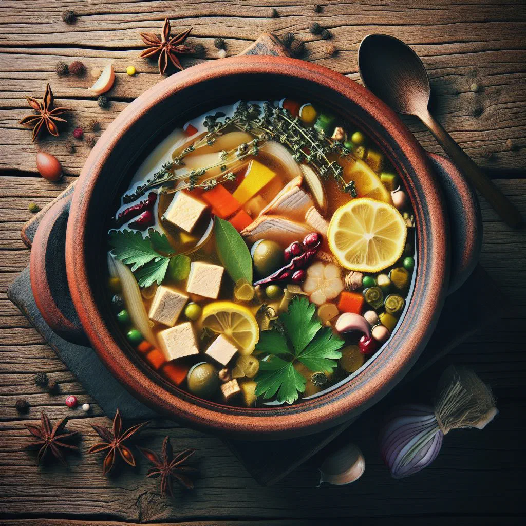 A steaming bowl of Mauritanian chorba with meat, vegetables and fresh herbs