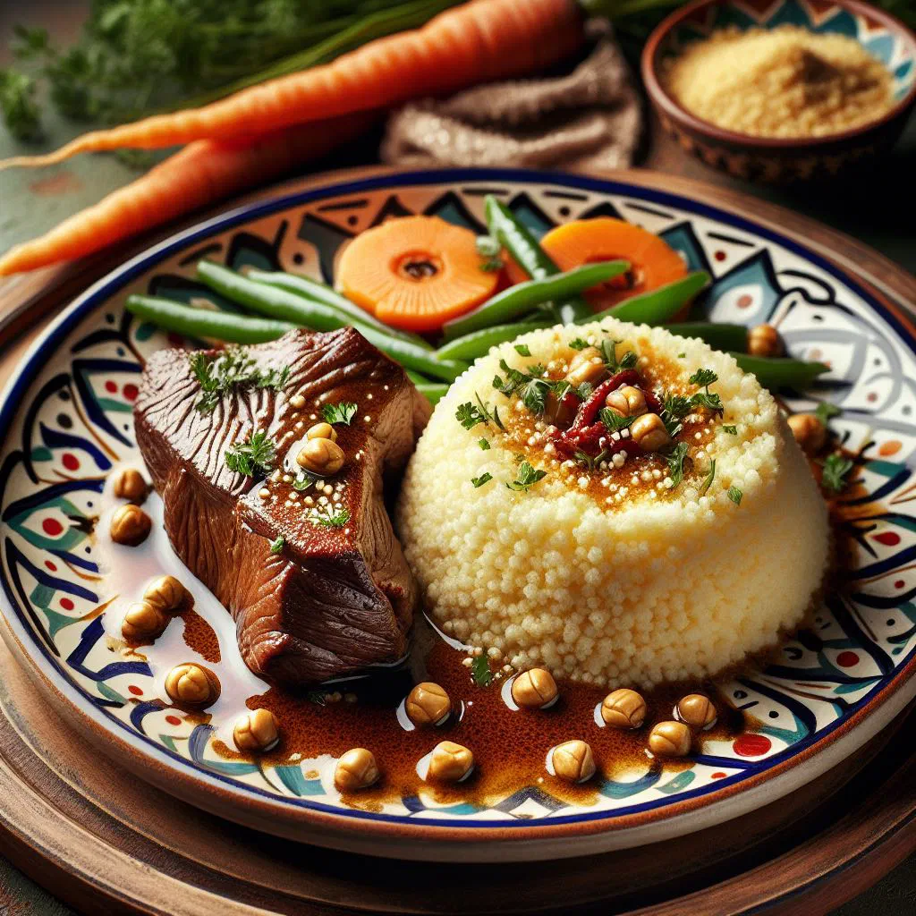 Steaming couscous topped with spiced camel meat and colourful vegetables