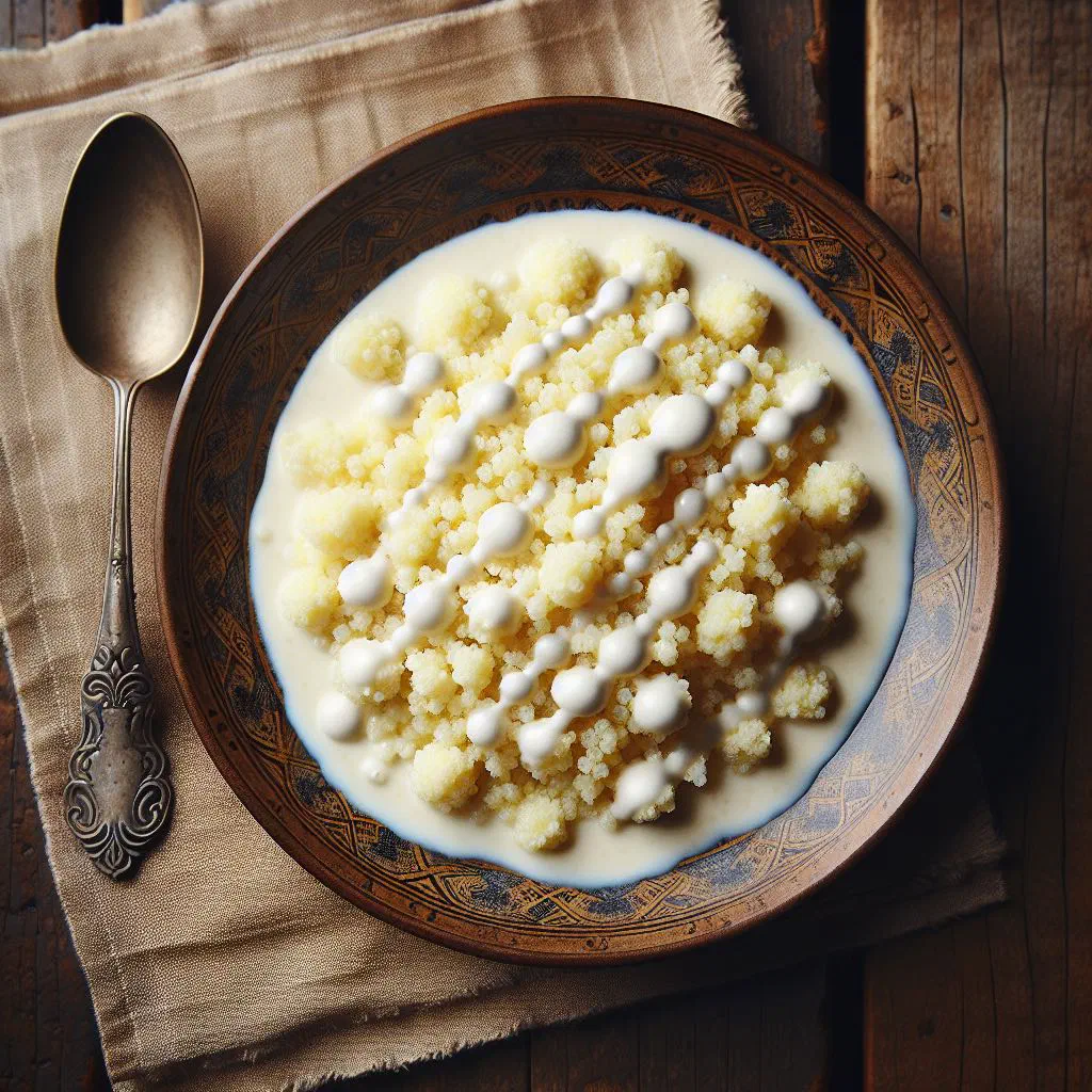 Creamy couscous au lait in a bowl topped with fresh fruit and a dusting of cinnamon