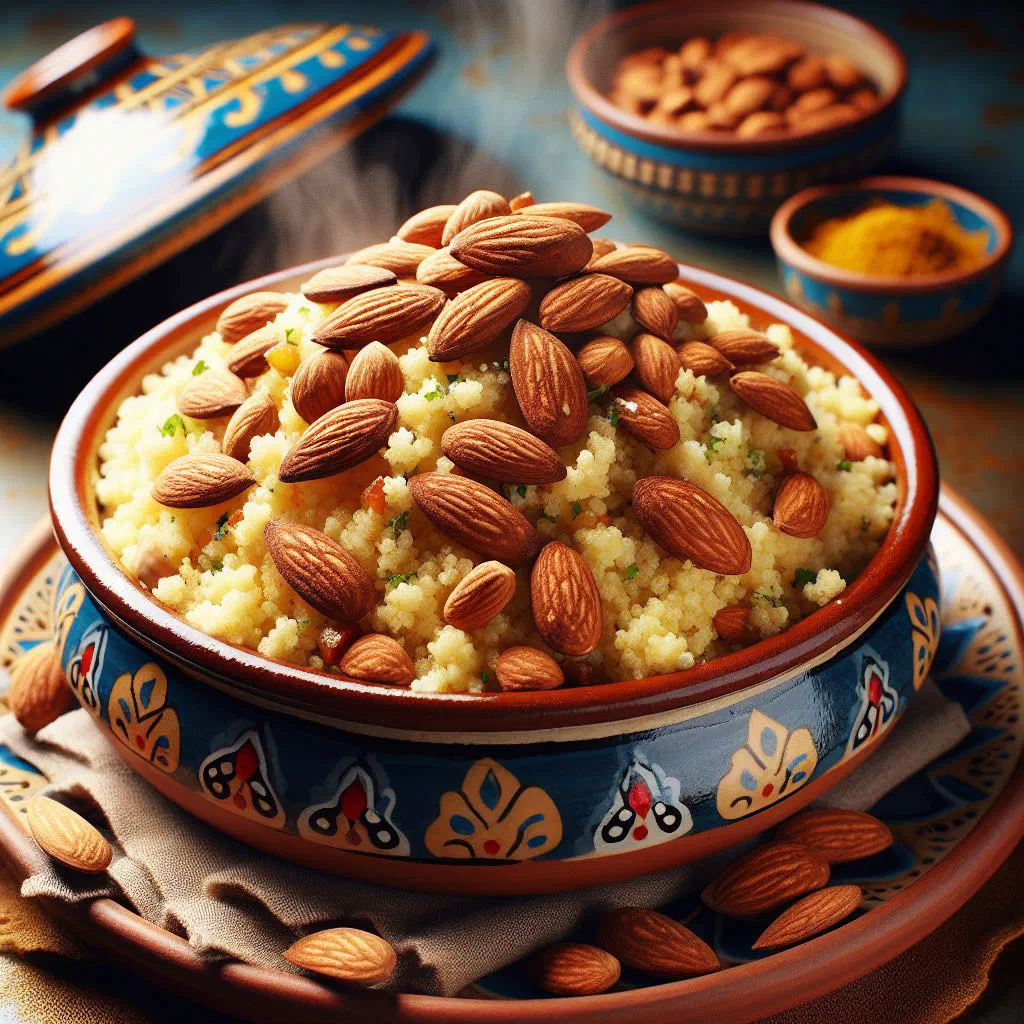A bowl of fluffy couscous topped with toasted almonds and fresh herbs