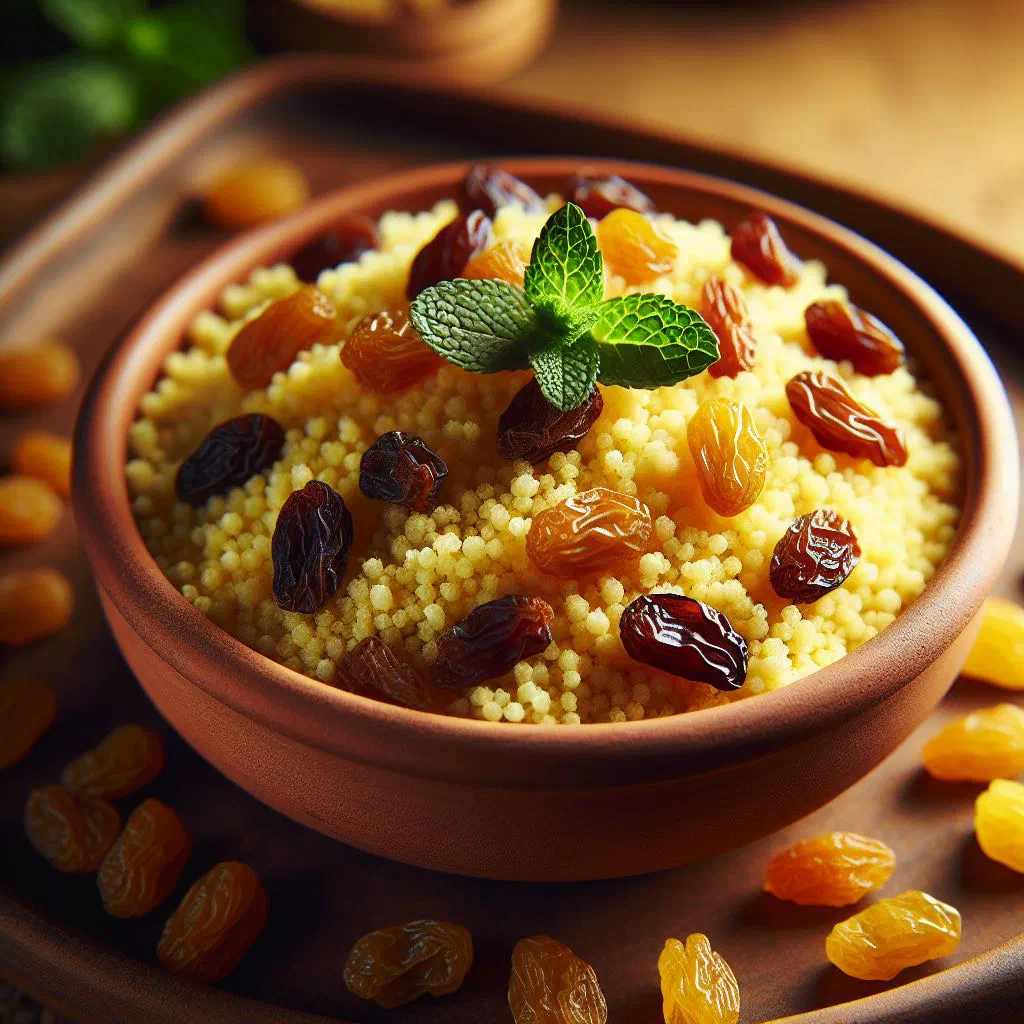 Fluffy couscous with plump raisins and fresh herbs in a serving bowl