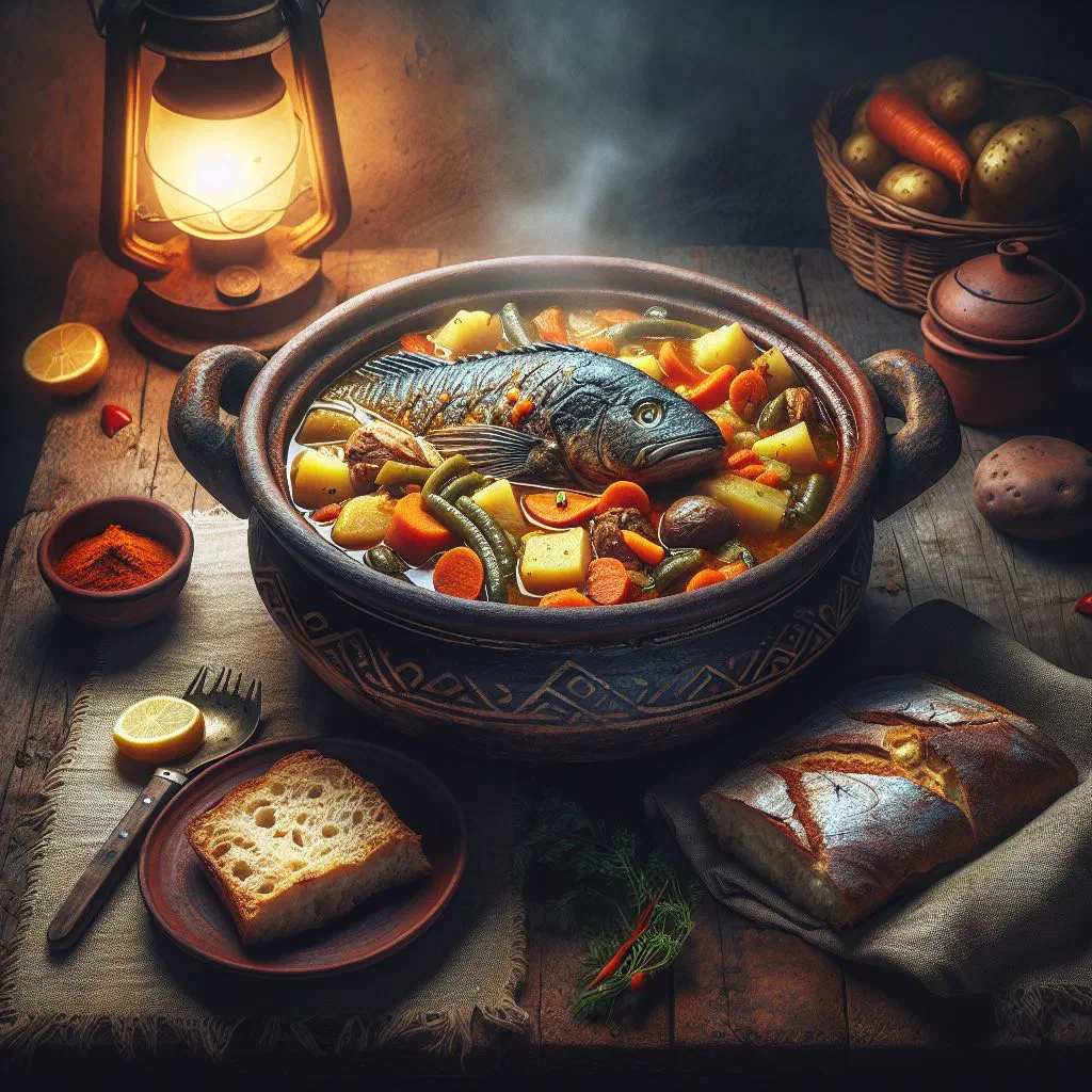 Mauritanian Dakhla fish stew with tomatoes, peppers and fresh parsley