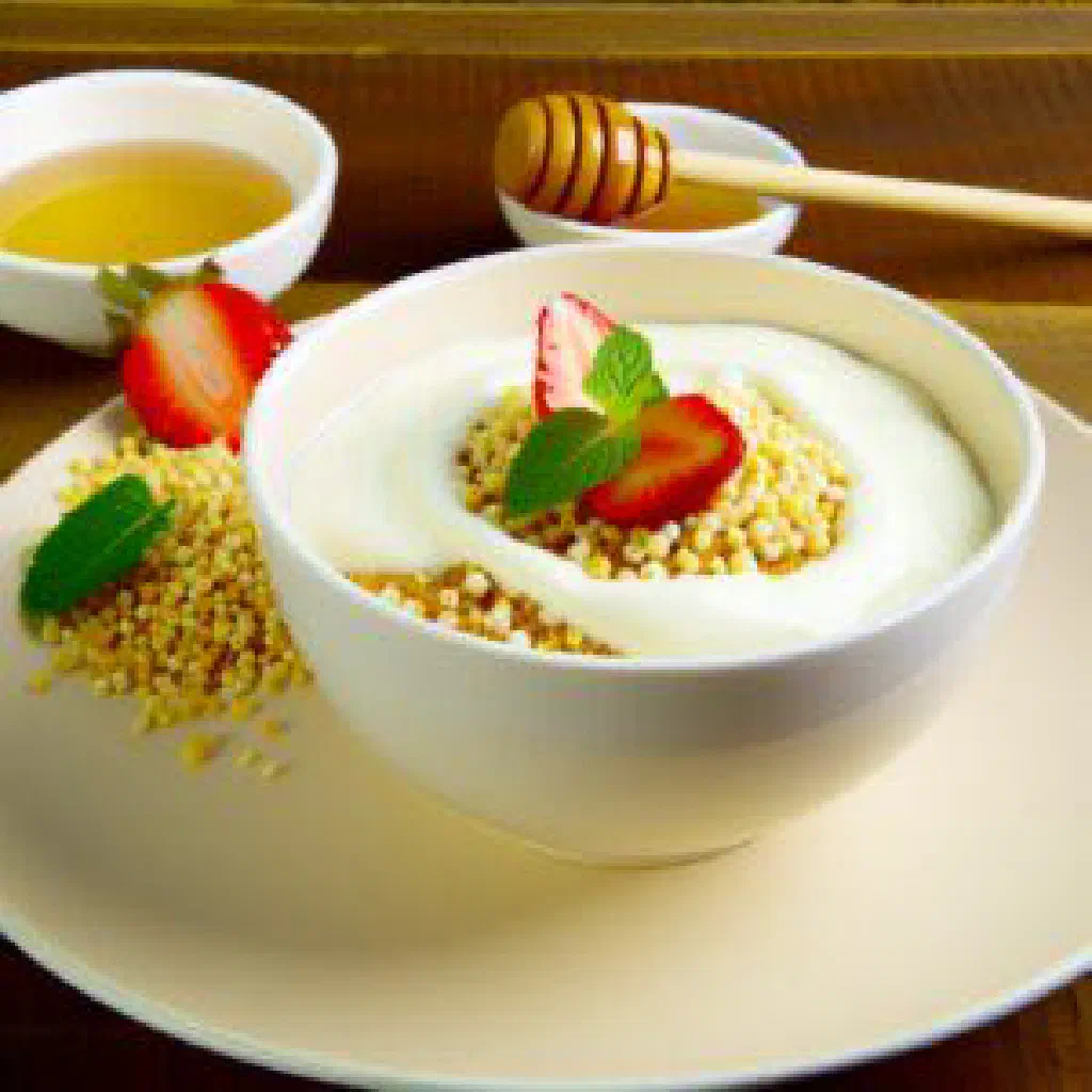 Bowl of creamy millet and yoghurt dégué topped with fresh fruit