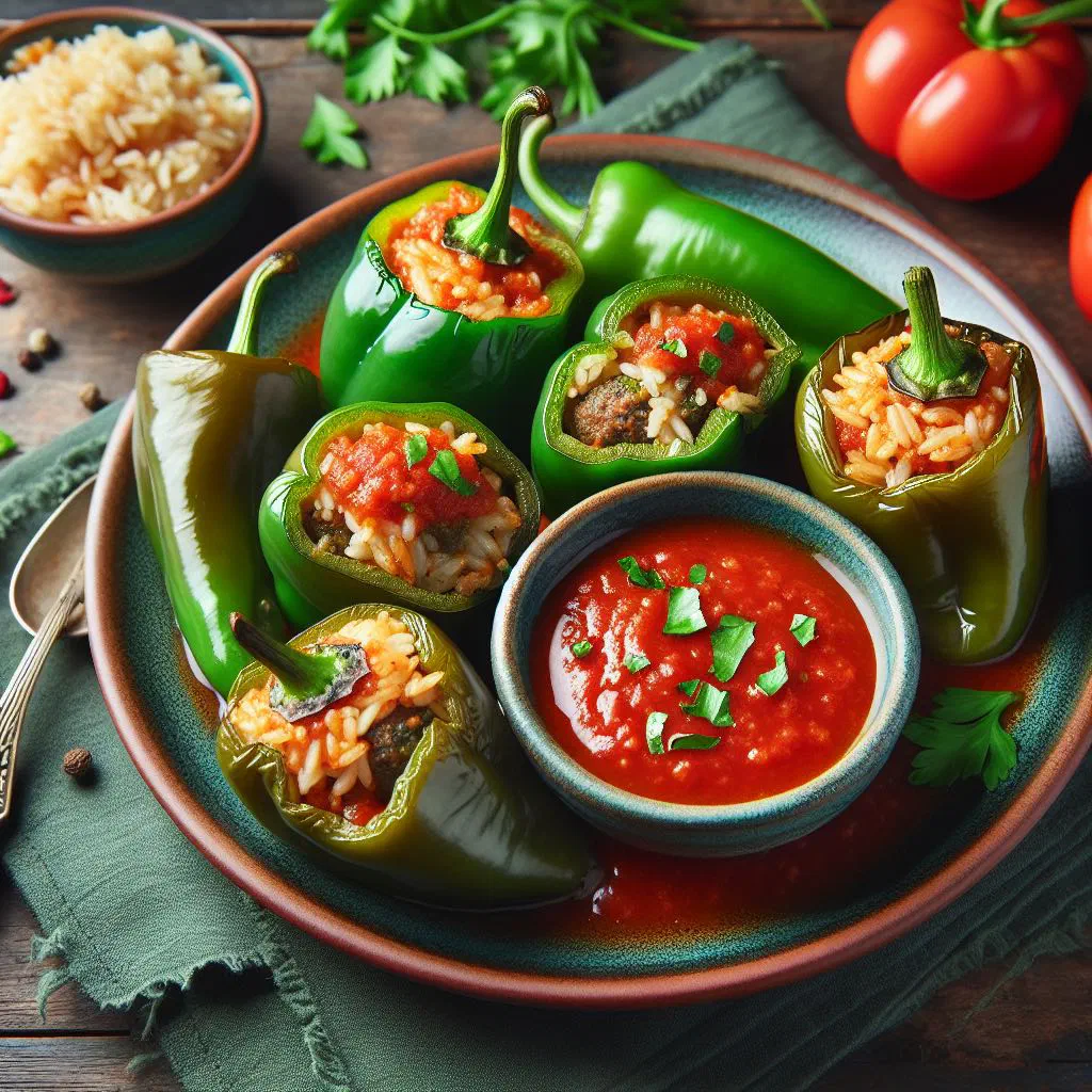 Baked stuffed peppers filled with spiced meat and rice, garnished with fresh herbs