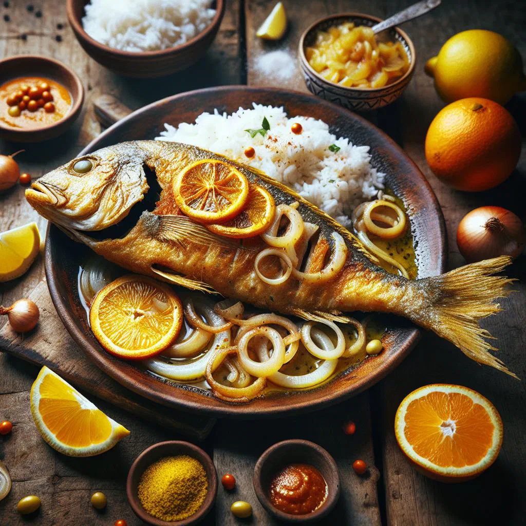 Golden fried fish in a tangy onion and lemon yassa sauce served with rice