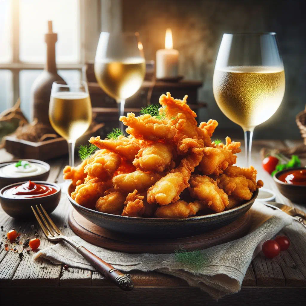 Golden crispy fried fish pieces served with lemon wedges