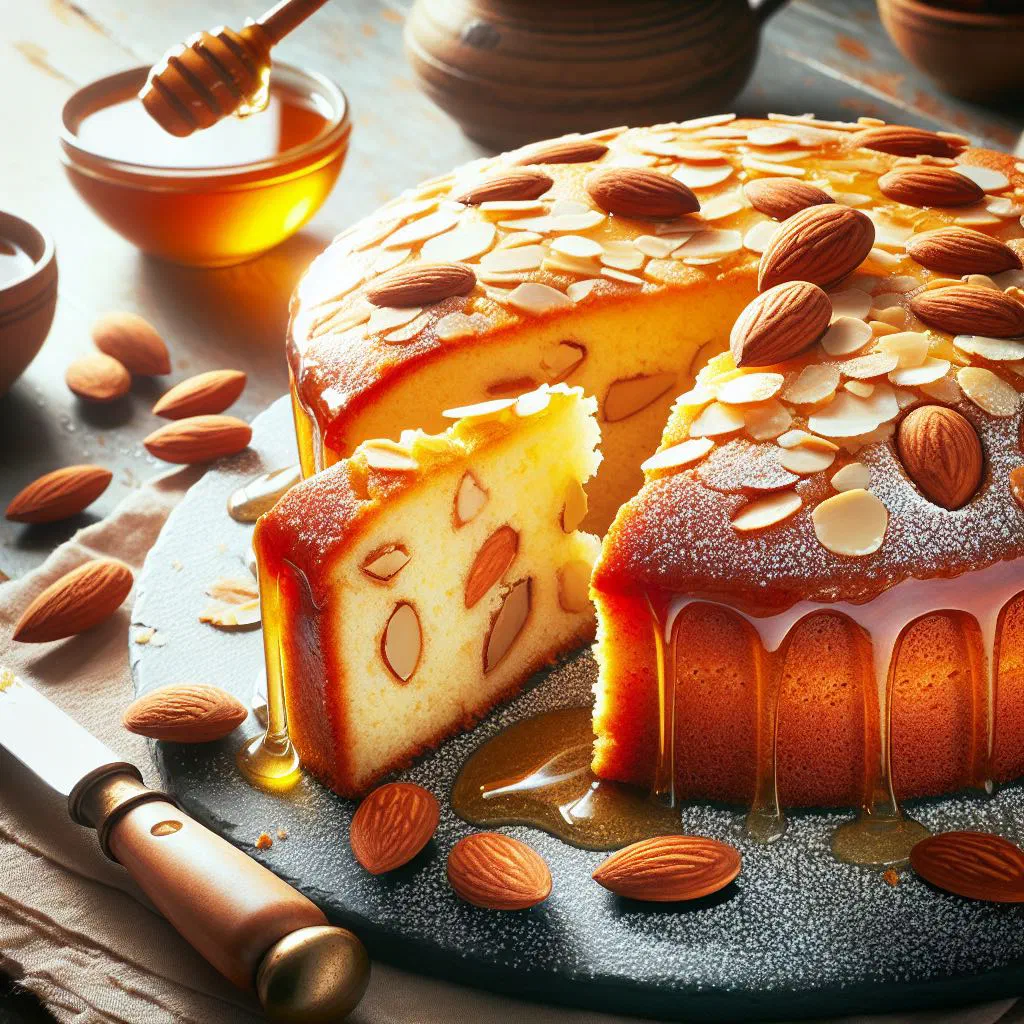 Golden honey and almond cake dusted with flaked almonds on a serving plate