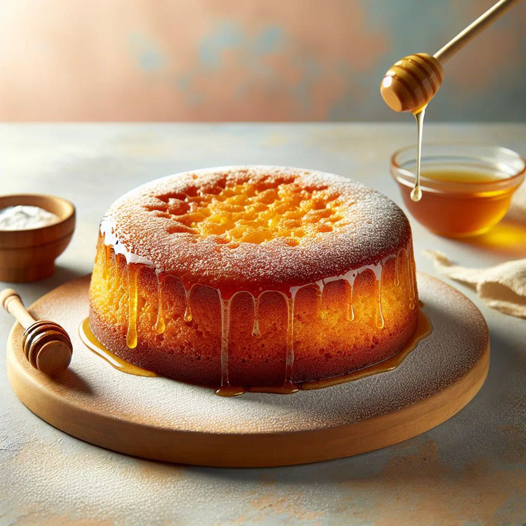 Golden honey-glazed semolina cake cut into squares and topped with nuts