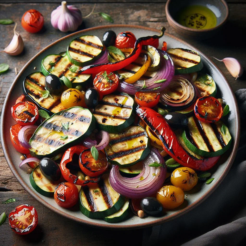 Colourful grilled peppers, courgette and aubergine dressed with olive oil and fresh herbs