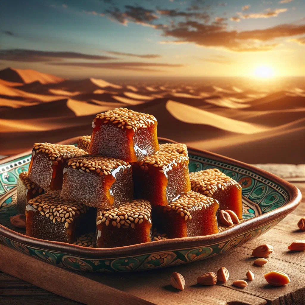 Golden slices of halwa chamia semolina sweet topped with chopped nuts