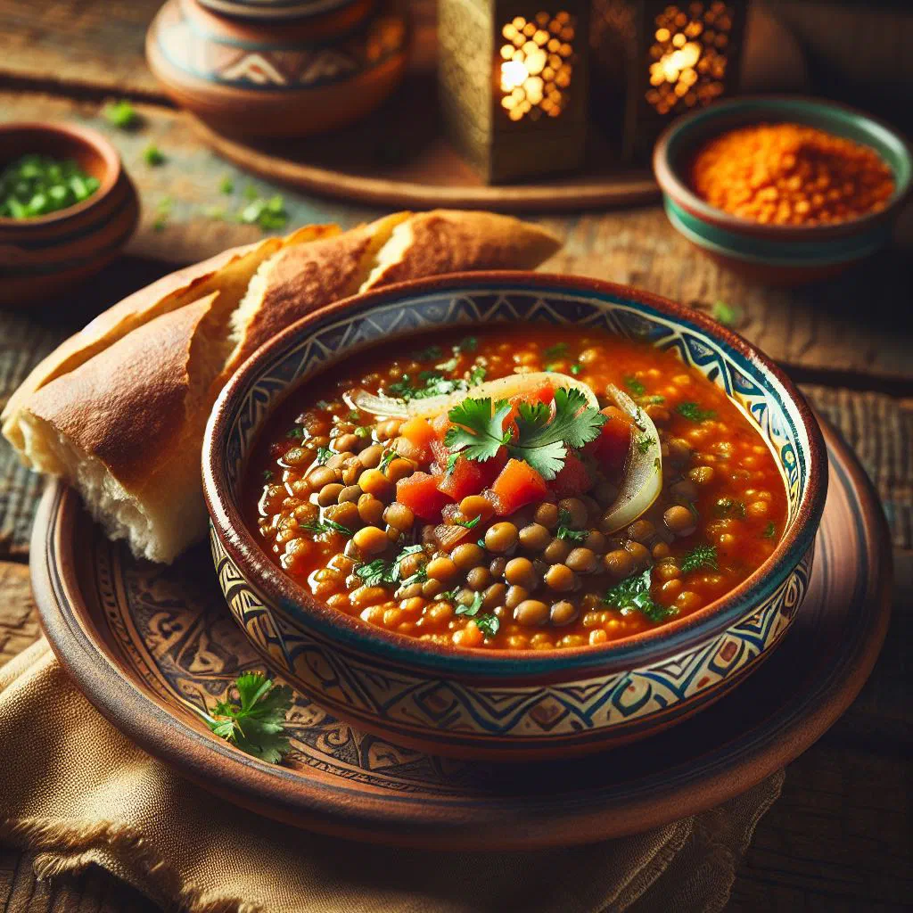 Bowl of Mauritanian harira lentil soup garnished with fresh coriander