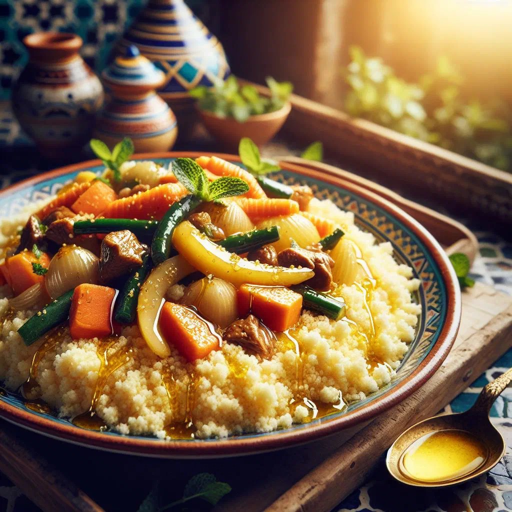 Fluffy honey couscous topped with roasted nuts and dried fruit