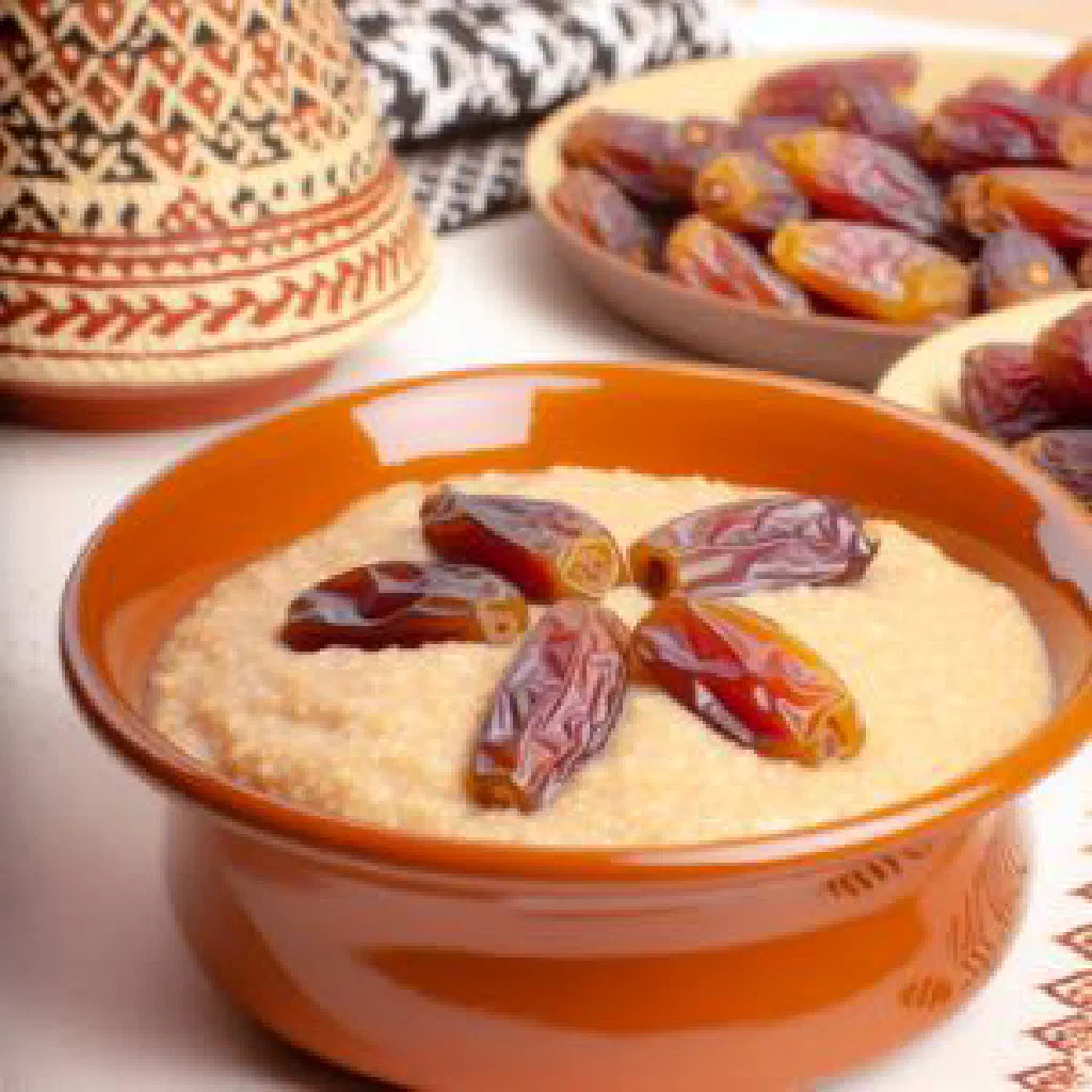 Bowl of Mauritanian lakh with rice, yoghurt, fresh fruit and nuts