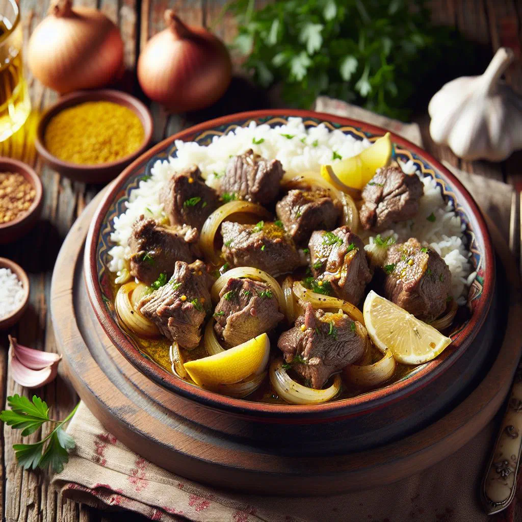 Braised lamb yassa in a lemon and onion sauce served with rice