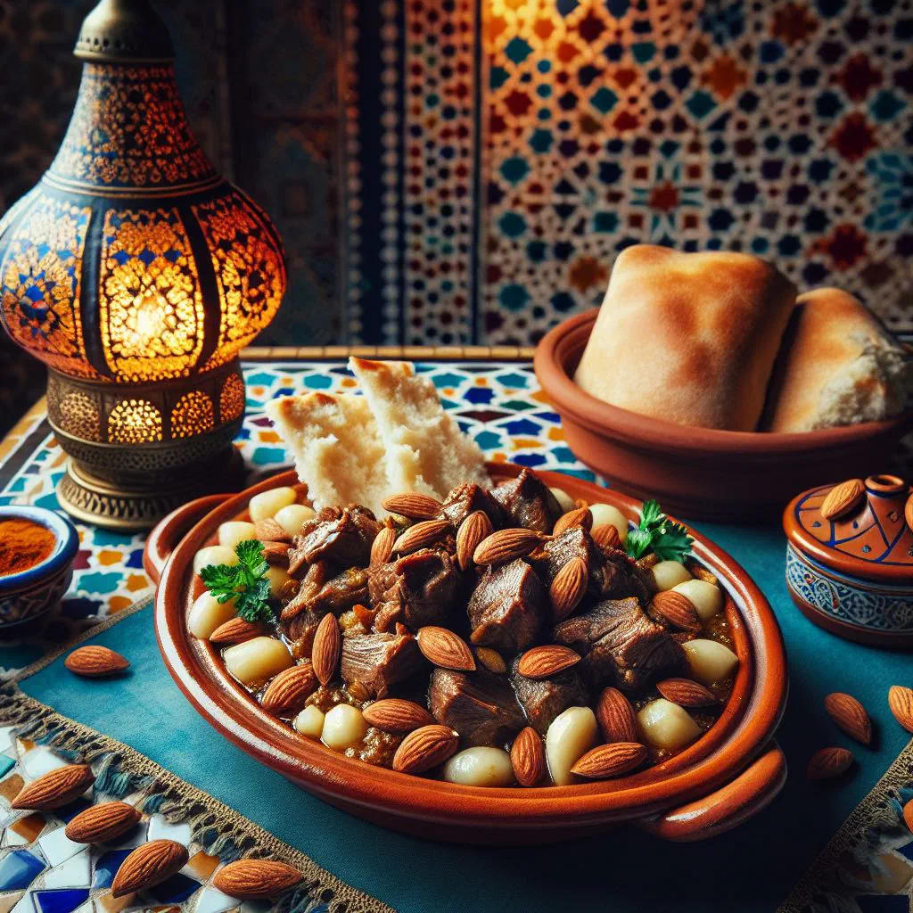 Slow-cooked lamb with toasted almonds and honey in a decorative dish