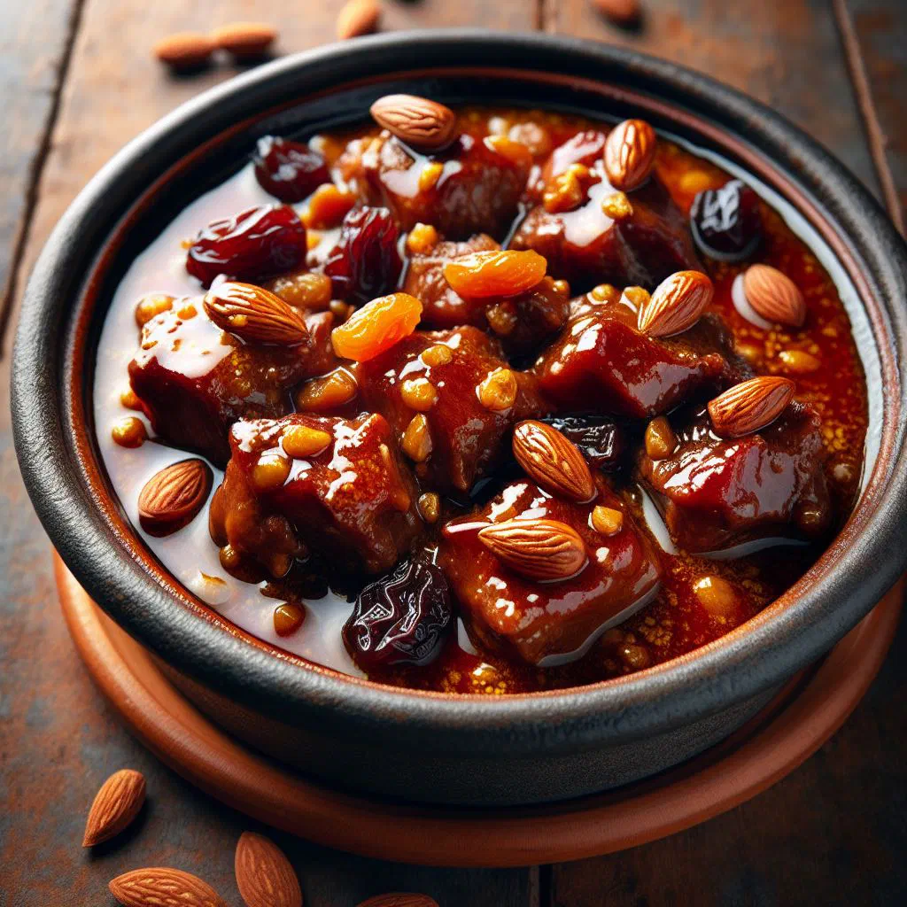 Tender lamb in a honey and spice sauce served in a traditional dish