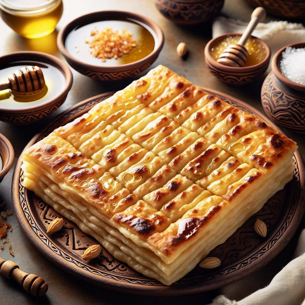 Golden, flaky square msemen flatbreads stacked on a plate