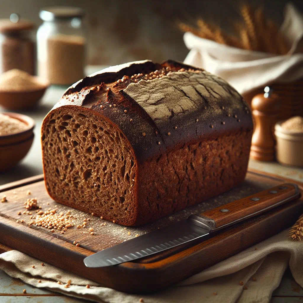 Golden loaf of sorghum bread on a rustic wooden board