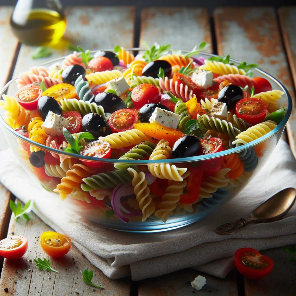 Colourful pasta salad with peppers, courgette and cherry tomatoes in a vinaigrette