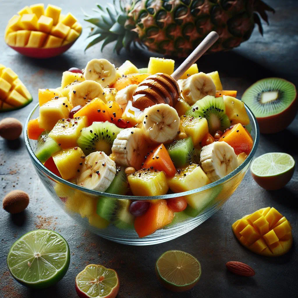 Fresh pineapple salad with lime, honey and mint in a bowl